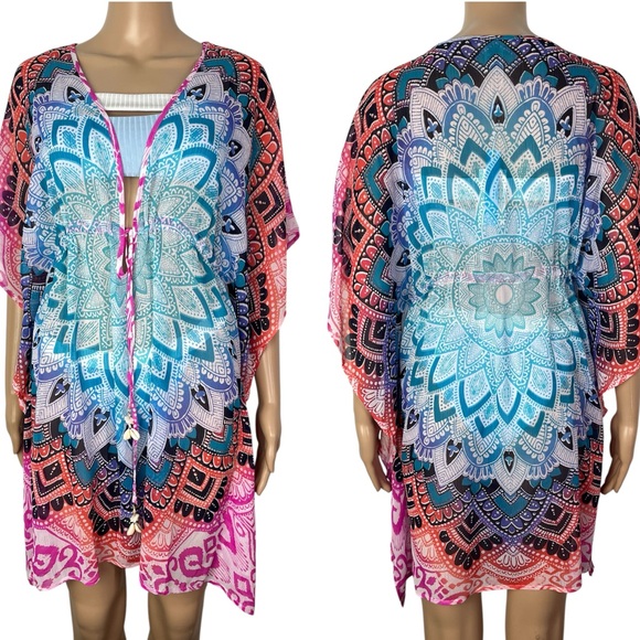 New Bleu Rod Beattie Women's Colorful Printed Sheer Embellished Cover-Up - Picture 12 of 12